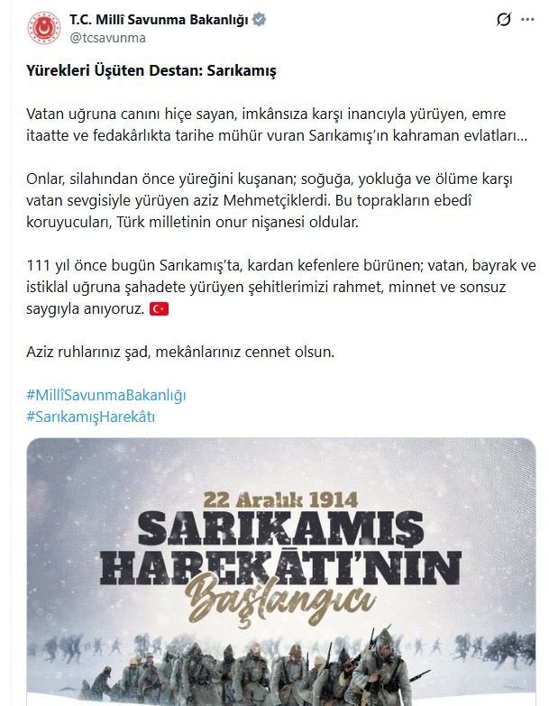 Milli Savunma Bakanlığı, Sarıkamış Harekatı'nın