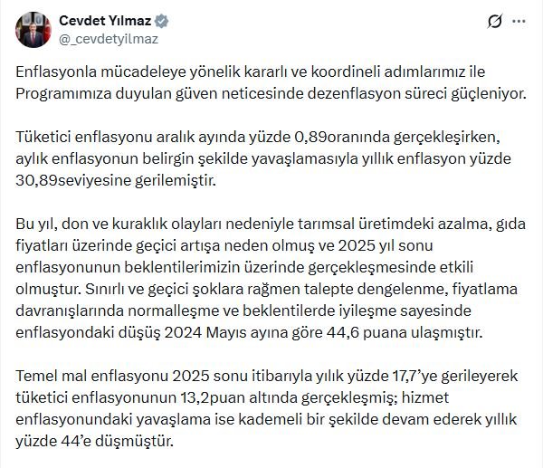 Cumhurbaşkanı Yardımcısı Cevdet Yılmaz, enflasyonun