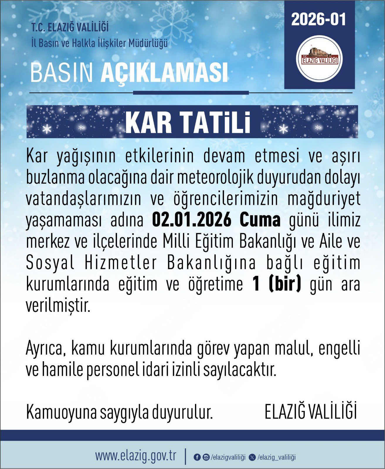 Elazığ Valiliği, kar yağışı ve