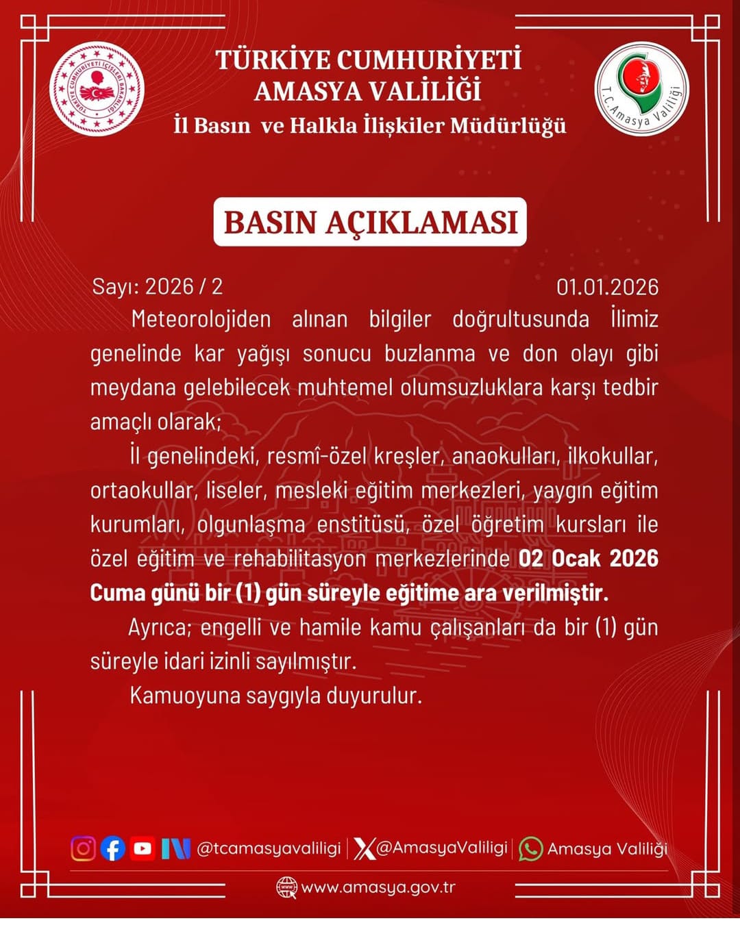 Amasya Valiliği, kar yağışı ve