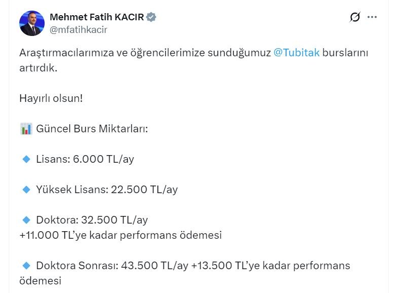 Bakan Kacır’dan Önemli Açıklama: TÜBİTAK Burslarına Rekor Zam!