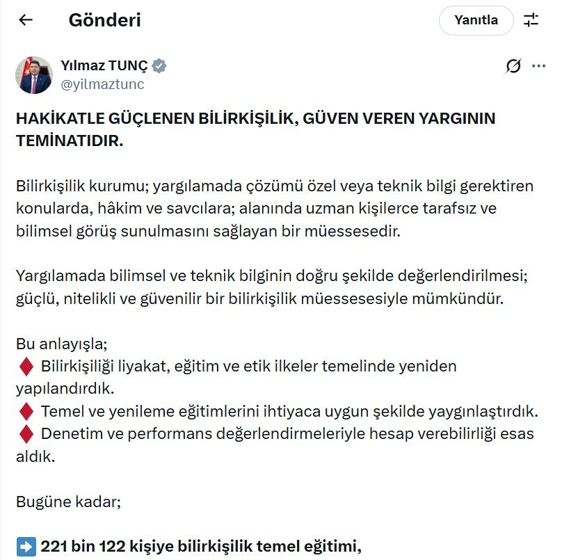 Adalet Bakanı Yılmaz Tunç, bilirkişilik