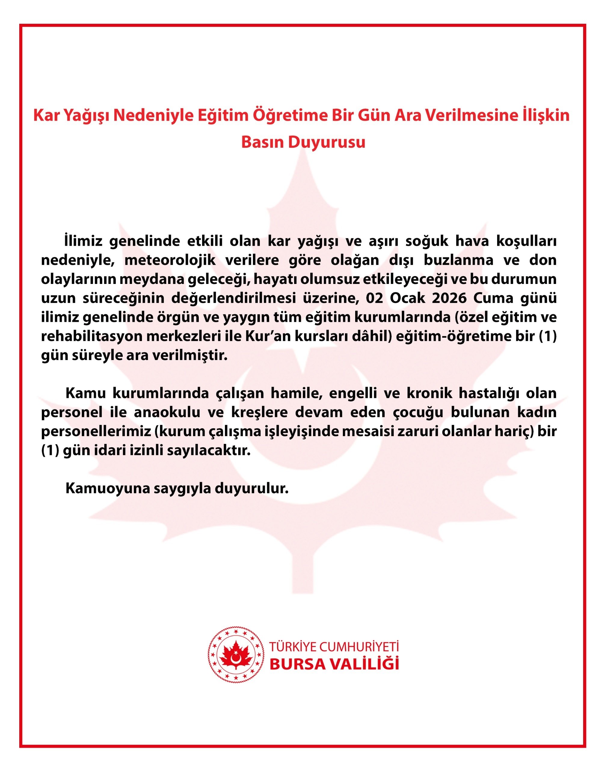 Bursa Valiliği, etkili kar yağışı