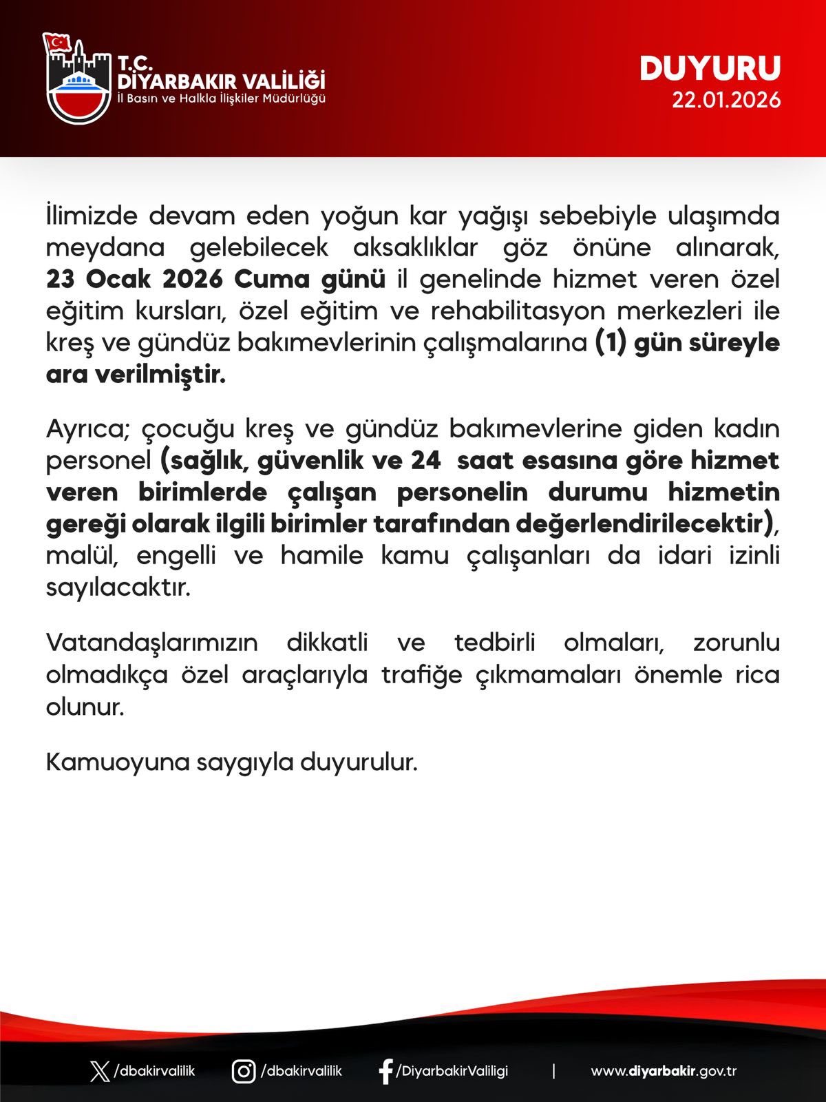 Diyarbakır Valiliği, yoğun kar yağışı