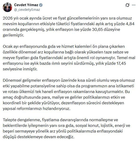 Cumhurbaşkanı Yardımcısı Cevdet Yılmaz, Ocak