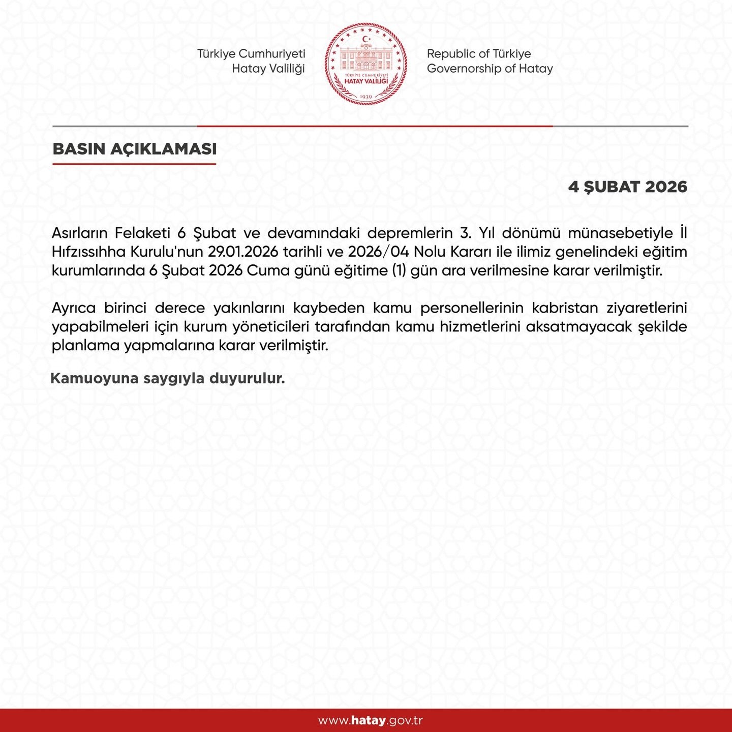 Hatay Valiliği, 6 Şubat depremlerinin