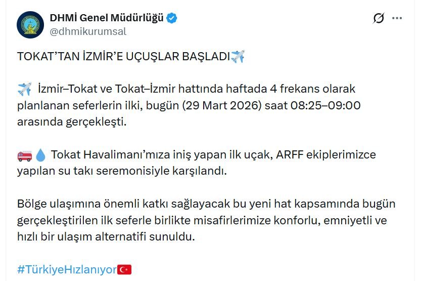 DHMİ, Tokat ile İzmir arasında