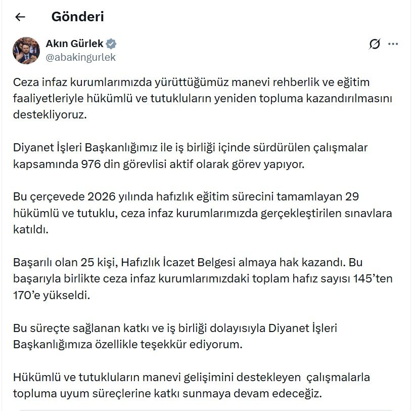 Adalet Bakanı Akın Gürlek, ceza