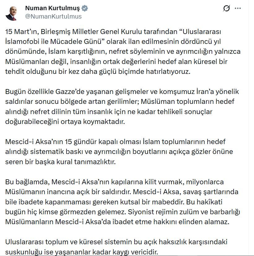 TBMM Başkanı Numan Kurtulmuş, İsrail'in