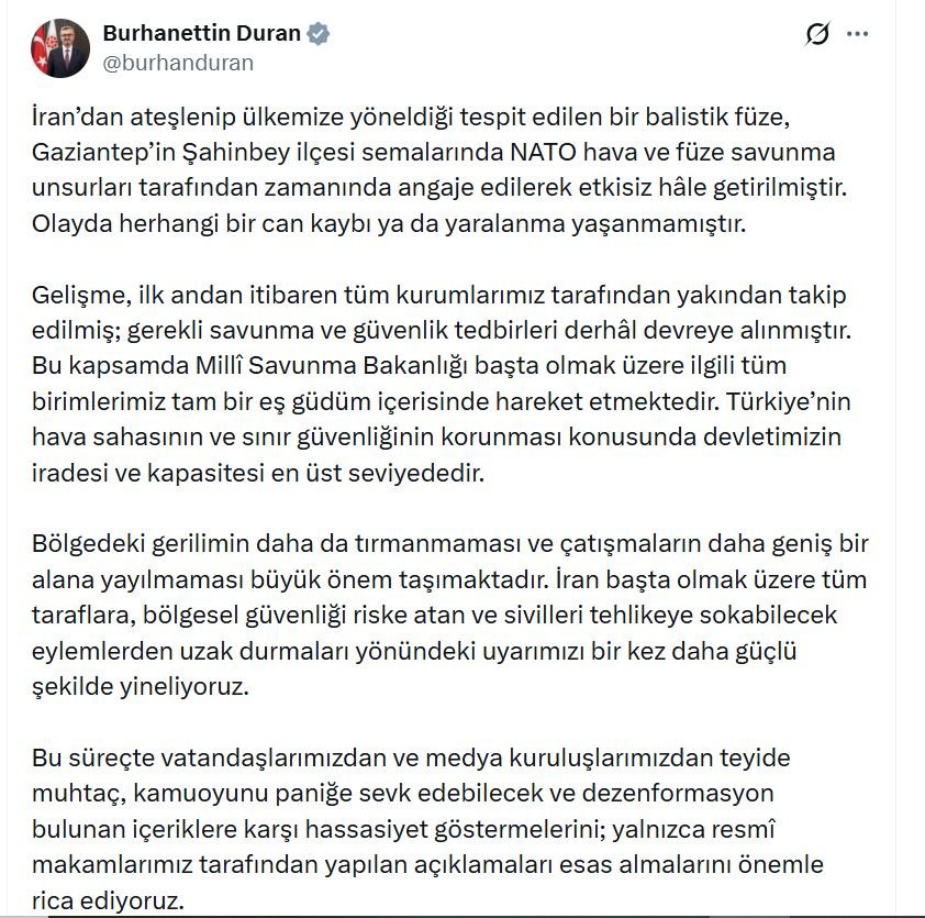 Milli Savunma Bakanlığı, İran'dan ateşlenen