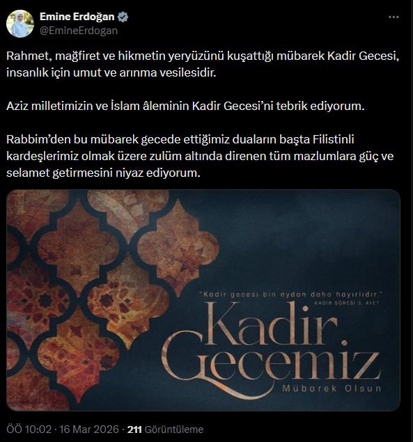 Emine Erdoğan, Kadir Gecesi mesajında