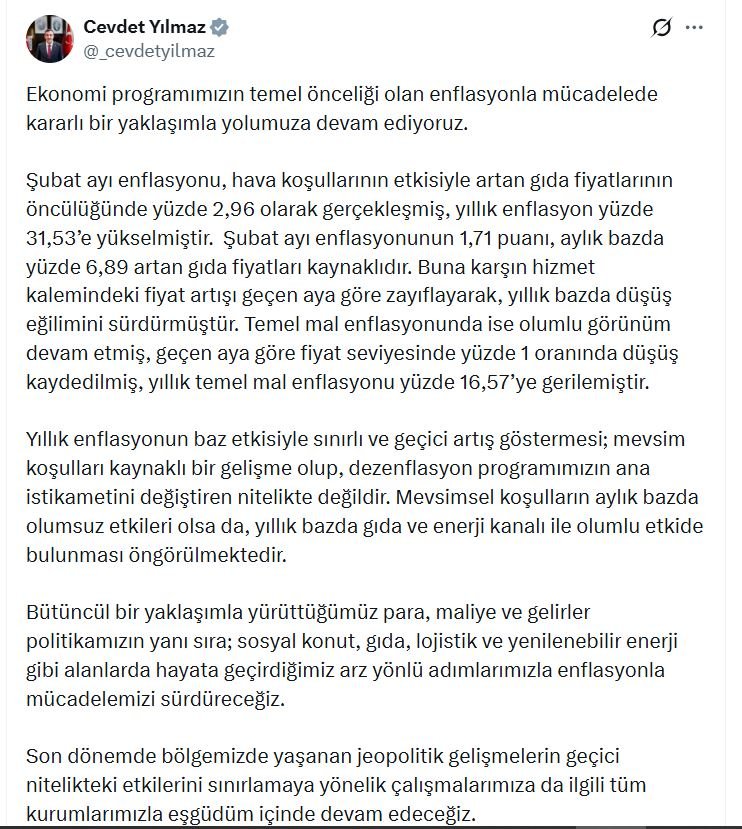 Cumhurbaşkanı Yardımcısı Cevdet Yılmaz, Şubat