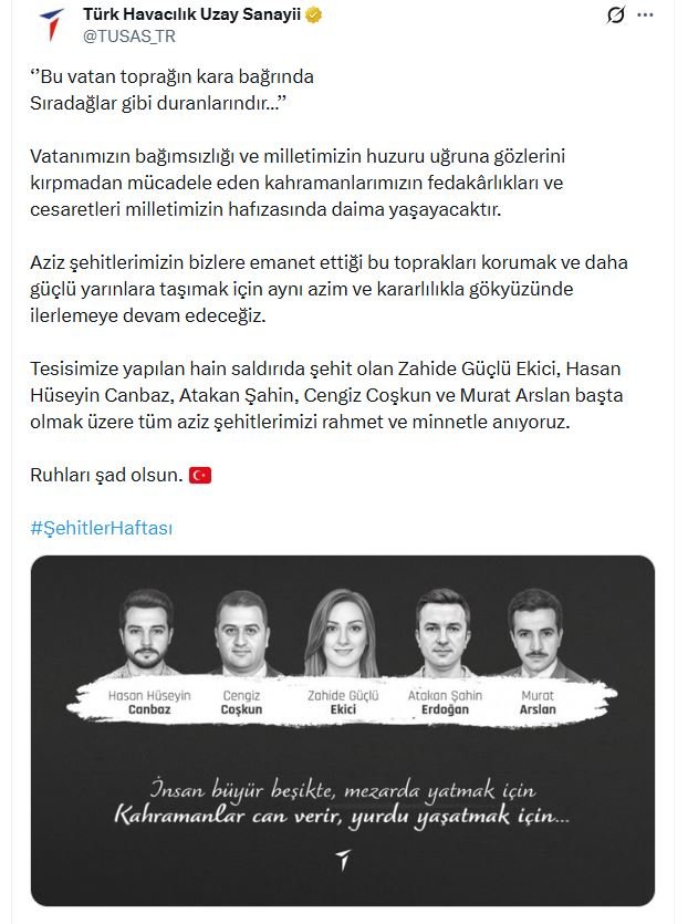 TUSAŞ, 14-20 Nisan Şehitler Haftası'nda,