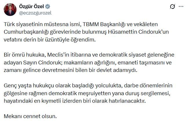 Eski TBMM Başkanı Hüsamettin Cindoruk