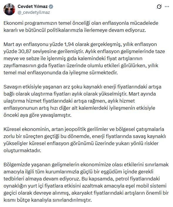 Cumhurbaşkanı Yardımcısı Cevdet Yılmaz, mart