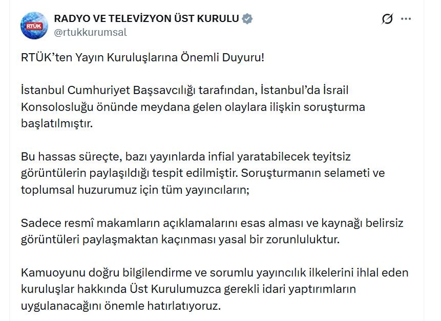 RTÜK, İsrail Konsolosluğu önündeki olaylarla