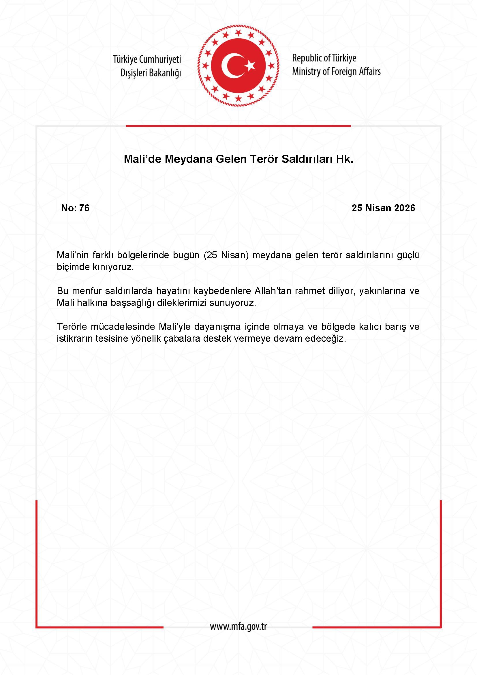 ANKARA – Dışişleri Bakanlığı, Mali’nin