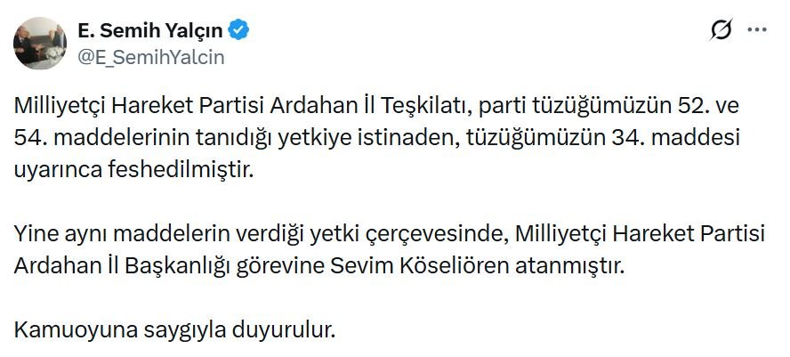 MHP, Ardahan İl Teşkilatı'nı feshettiğini