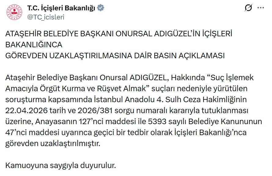 İçişleri Bakanlığı, tutuklanan Ataşehir Belediye