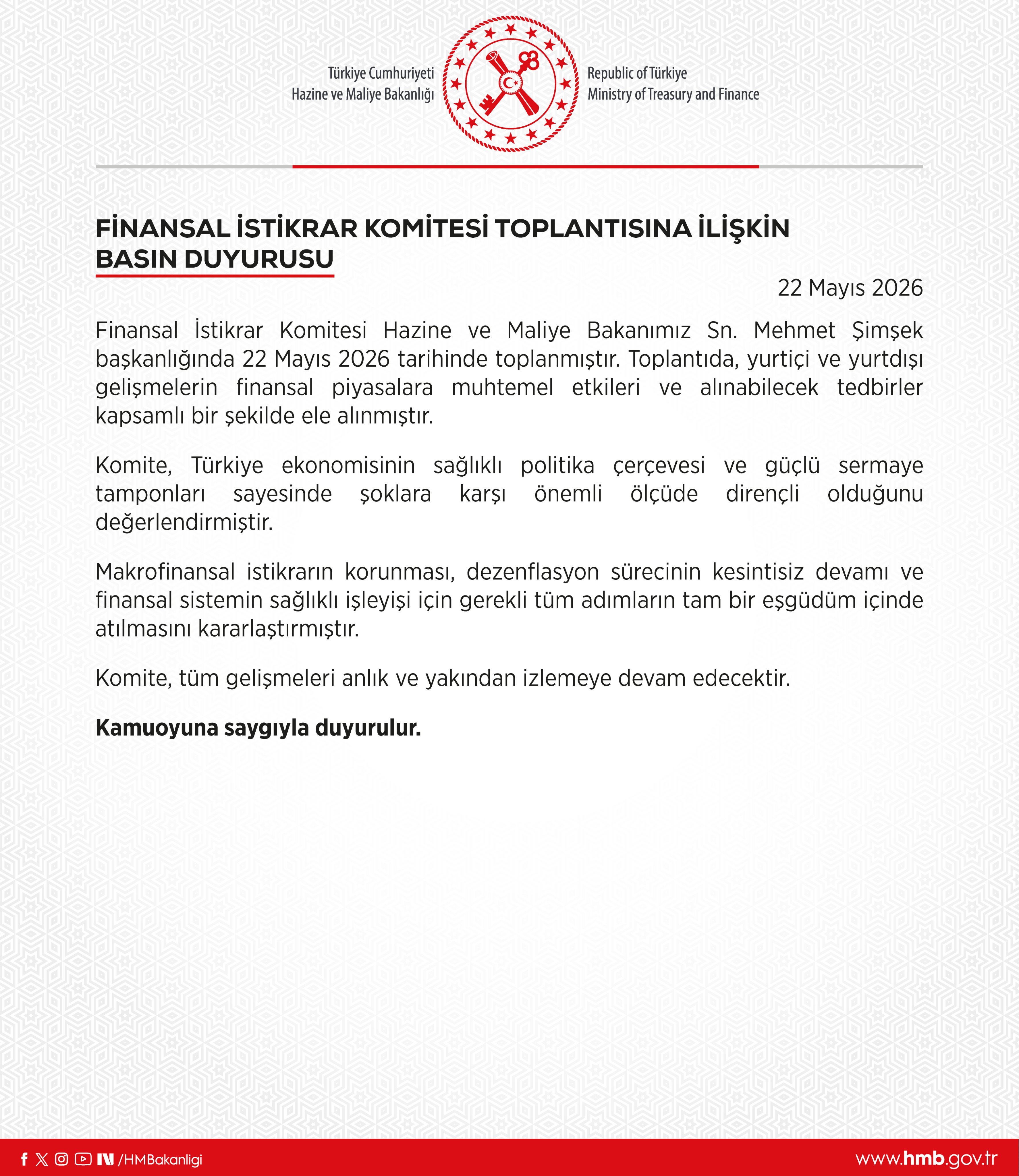 Finansal İstikrar Komitesi, Hazine ve