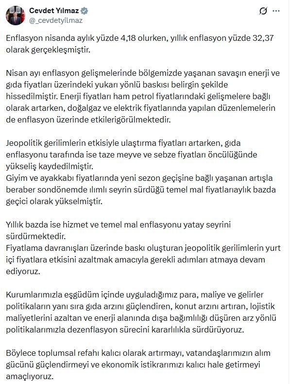 Cumhurbaşkanı Yardımcısı Cevdet Yılmaz, nisan