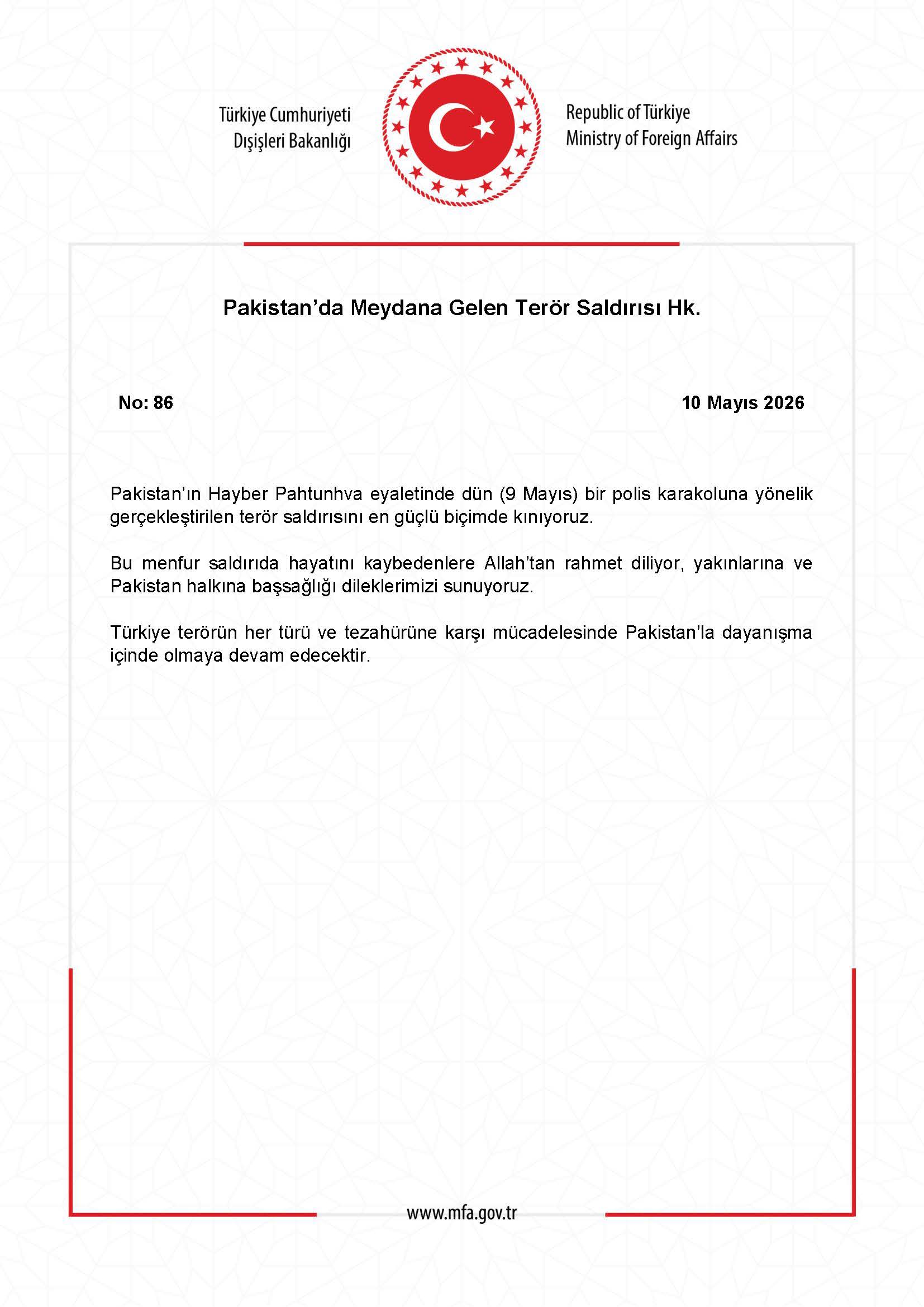 Dışişleri Bakanlığı, Pakistan'ın Hayber Pahtunhva