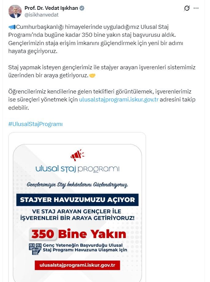 Çalışma Bakanı Vedat Işıkhan, staj