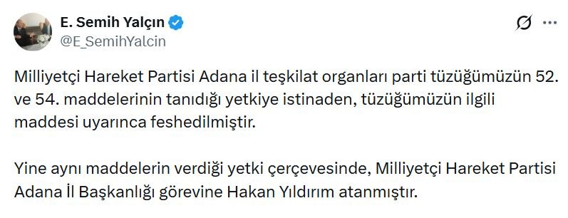 MHP Adana il teşkilatı feshedildi.