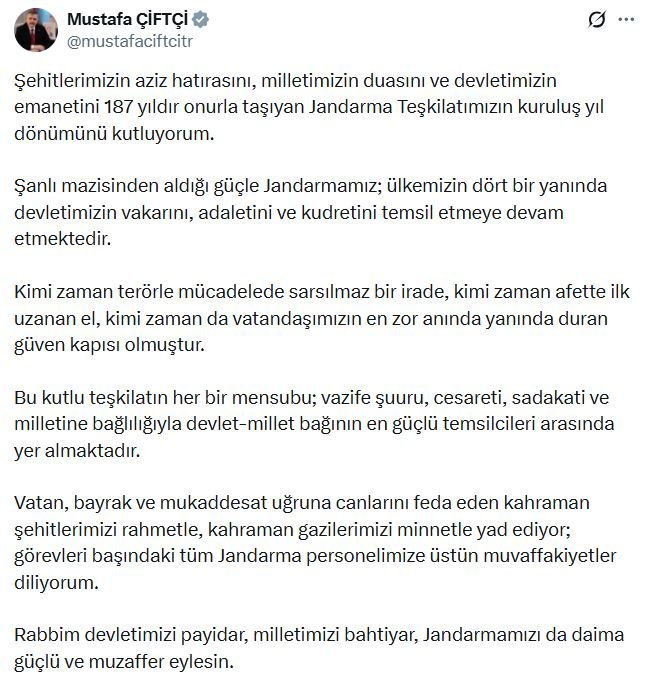 İçişleri Bakanı Mustafa Çiftçi, Jandarma