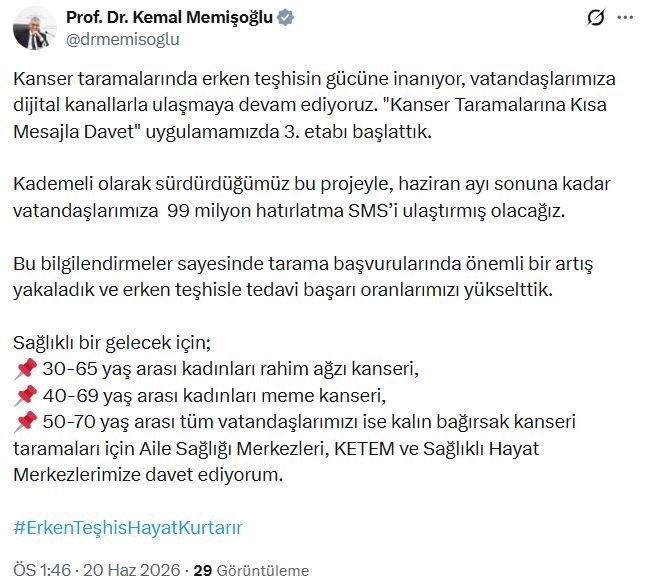Sağlık Bakanı Kemal Memişoğlu, 'Kanser
