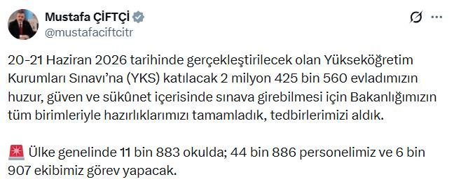 İçişleri Bakanı Mustafa Çiftçi, YKS'de