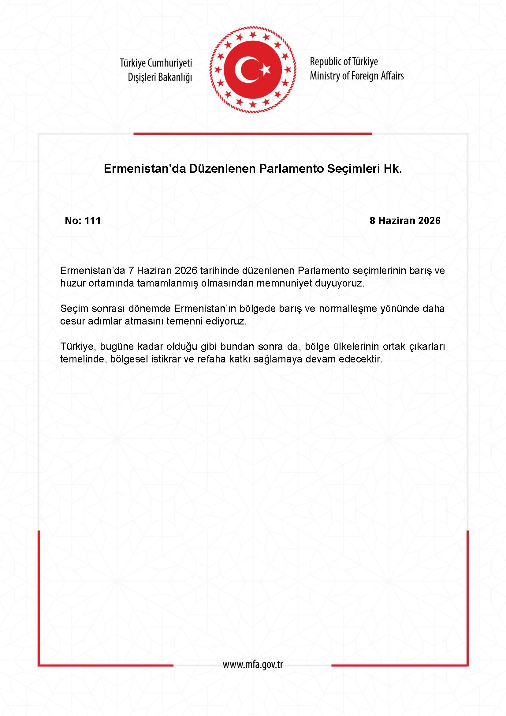 Dışişleri Bakanlığı, Ermenistan'daki parlamento seçimlerinin