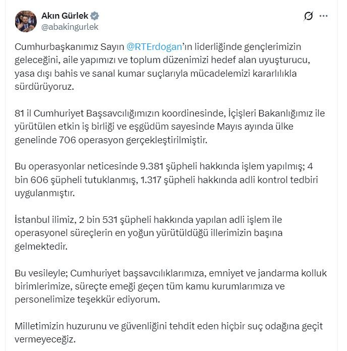 Adalet Bakanı Akın Gürlek, mayıs