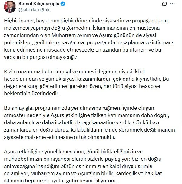 CHP lideri Kemal Kılıçdaroğlu, Aşura