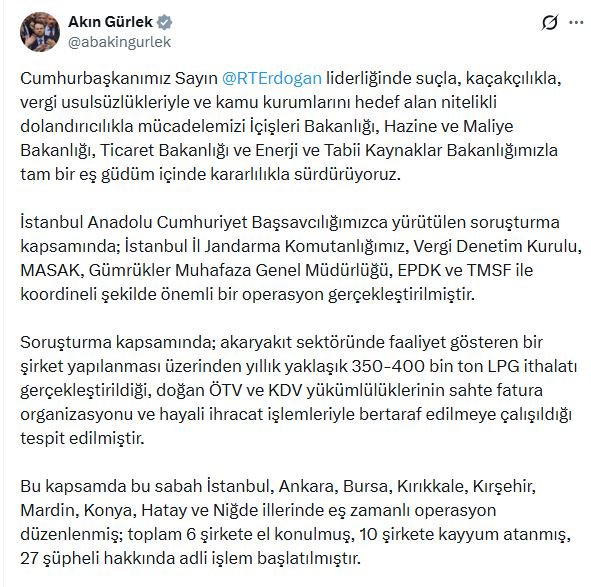 Adalet Bakanı Akın Gürlek, akaryakıt