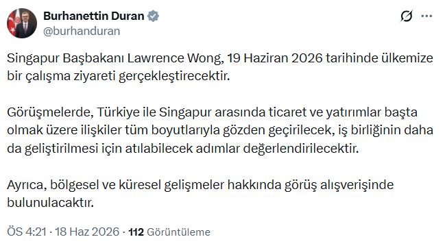 Singapur Başbakanı Lawrence Wong, Türkiye'ye