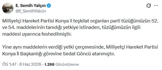 MHP Konya İl Teşkilatı Feshedildi: Yeni İl Başkanı Sedat Göncü Oldu