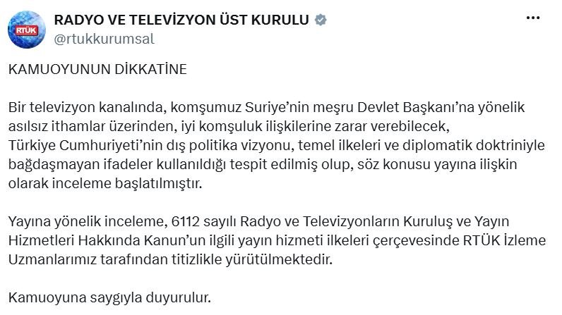RTÜK, Suriye Devlet Başkanı Ahmed