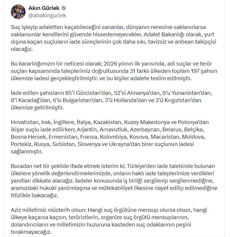 Adalet Bakanı Akın Gürlek, 2026