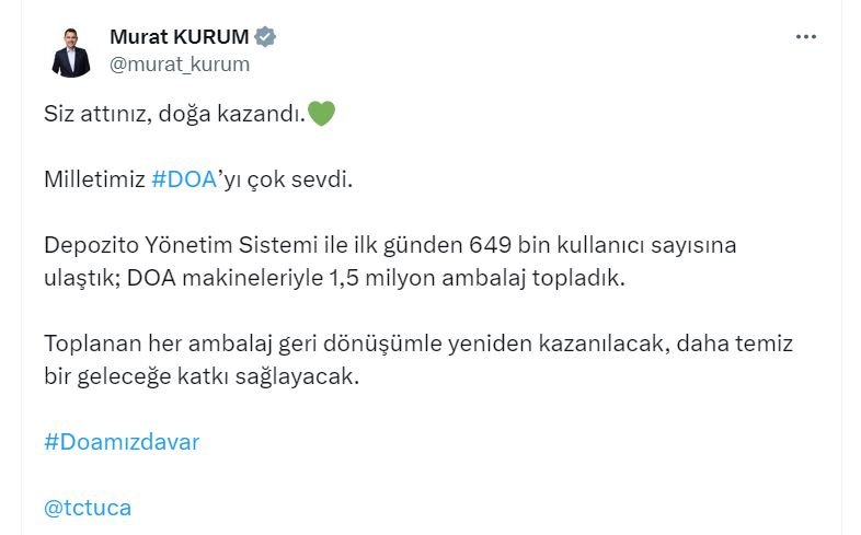 Çevre Bakanı Murat Kurum, Depozito