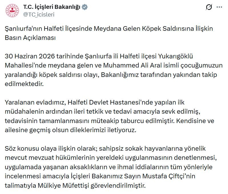İçişleri Bakanlığı, Şanlıurfa'da 1.5 yaşındaki