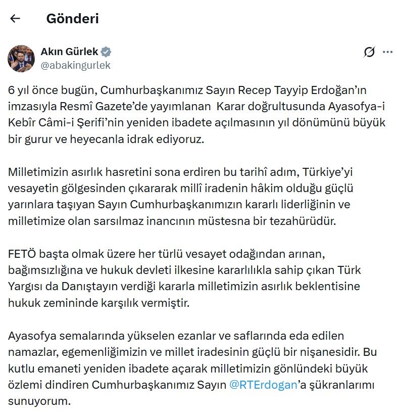 Adalet Bakanı Akın Gürlek, Ayasofya'nın