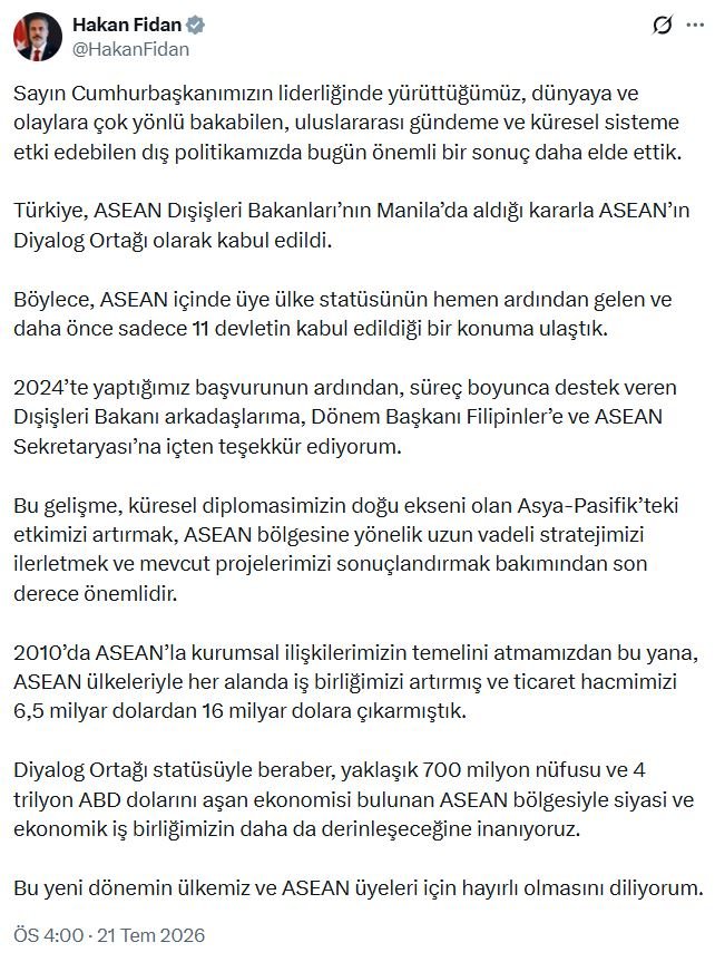 Dışişleri Bakanı Hakan Fidan, Türkiye'nin