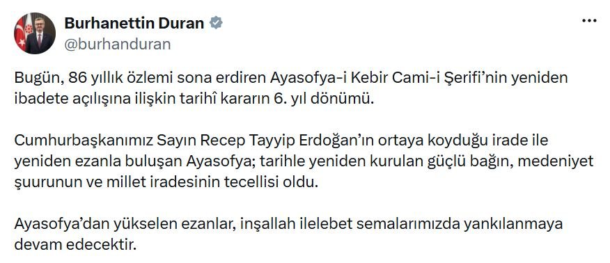 İletişim Başkanı Burhanettin Duran, Ayasofya'nın