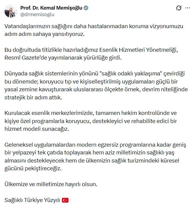Sağlık Bakanı Kemal Memişoğlu, Esenlik