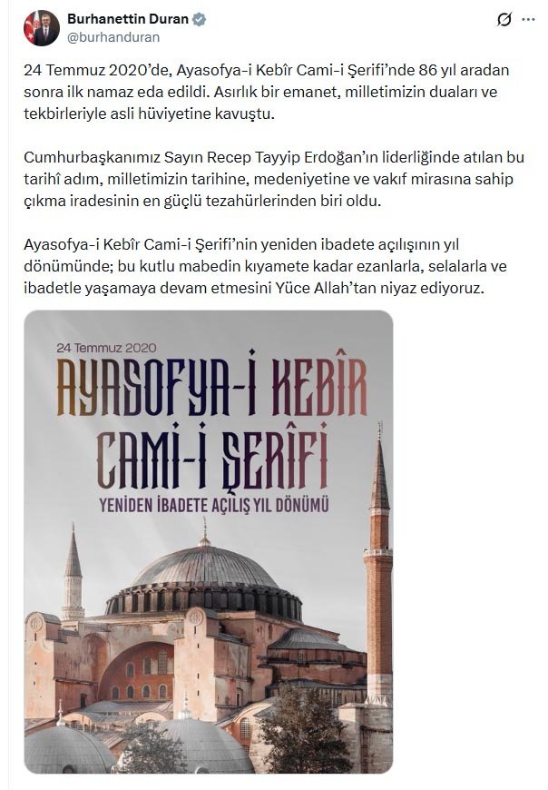 İletişim Başkanı Burhanettin Duran, Ayasofya-i