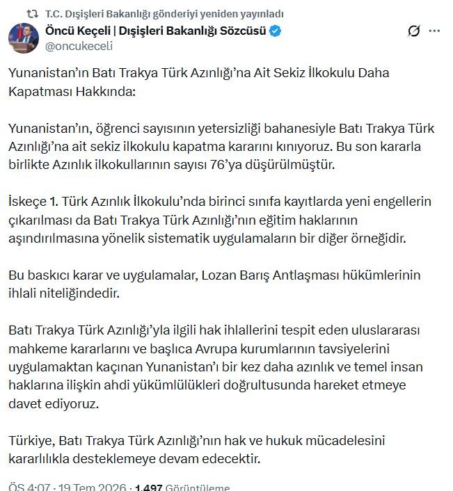Dışişleri Bakanlığı, Yunanistan'ın Batı Trakya