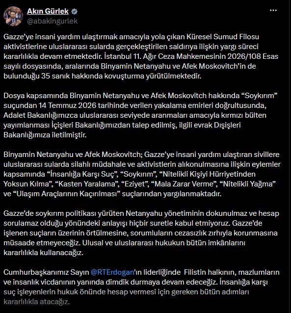 Adalet Bakanı Akın Gürlek, İsrail