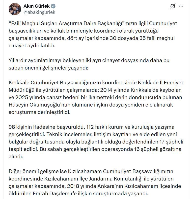 Adalet Bakanı Akın Gürlek, faili