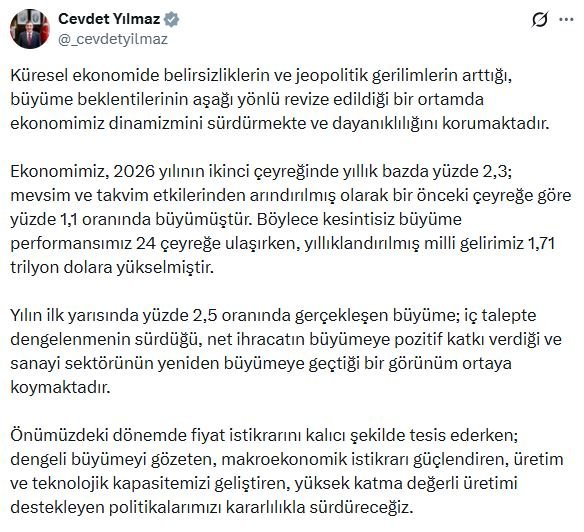 Cumhurbaşkanı Yardımcısı Cevdet Yılmaz, Türkiye
